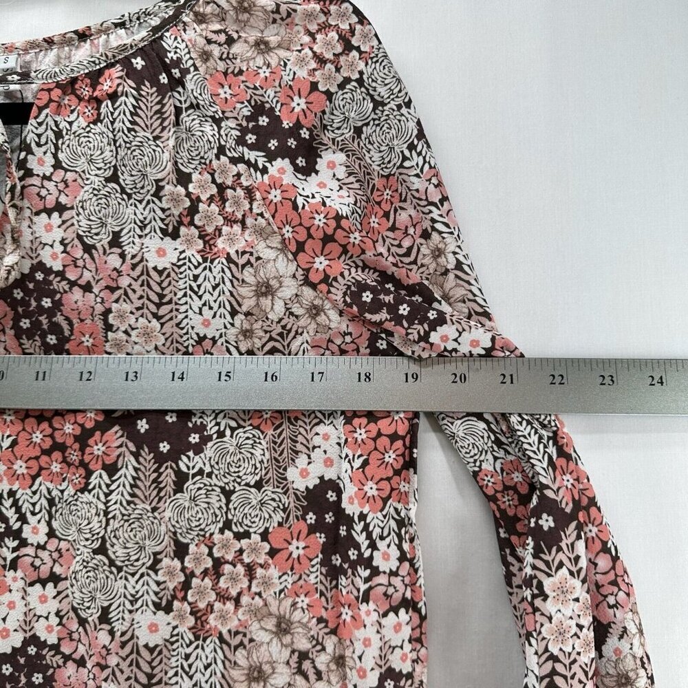 Simple Fun Top Womens Sz S Peasant Blouse Floral Tie Neck Long Sleeve Brown/Pink - Picture 9 of 11